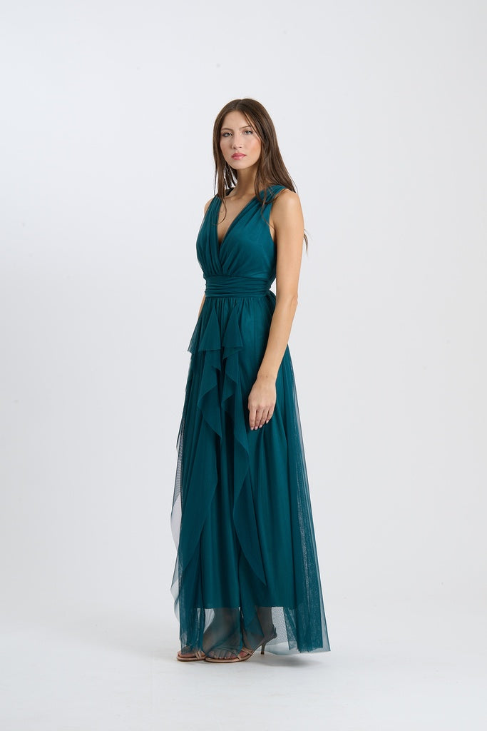 Abito lungo senza spalline con scollatura a V in ottanio, stile elegante per eventi formali.